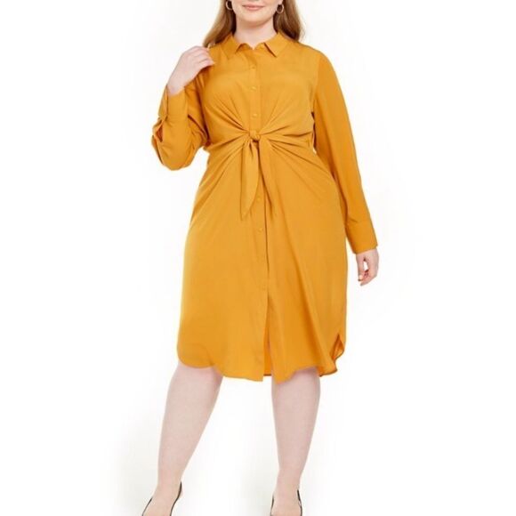 Alfani Plus Button Front Wrap Tie Long Sleeve Midi Shirt Dress- Mustard - Picture 1 of 13